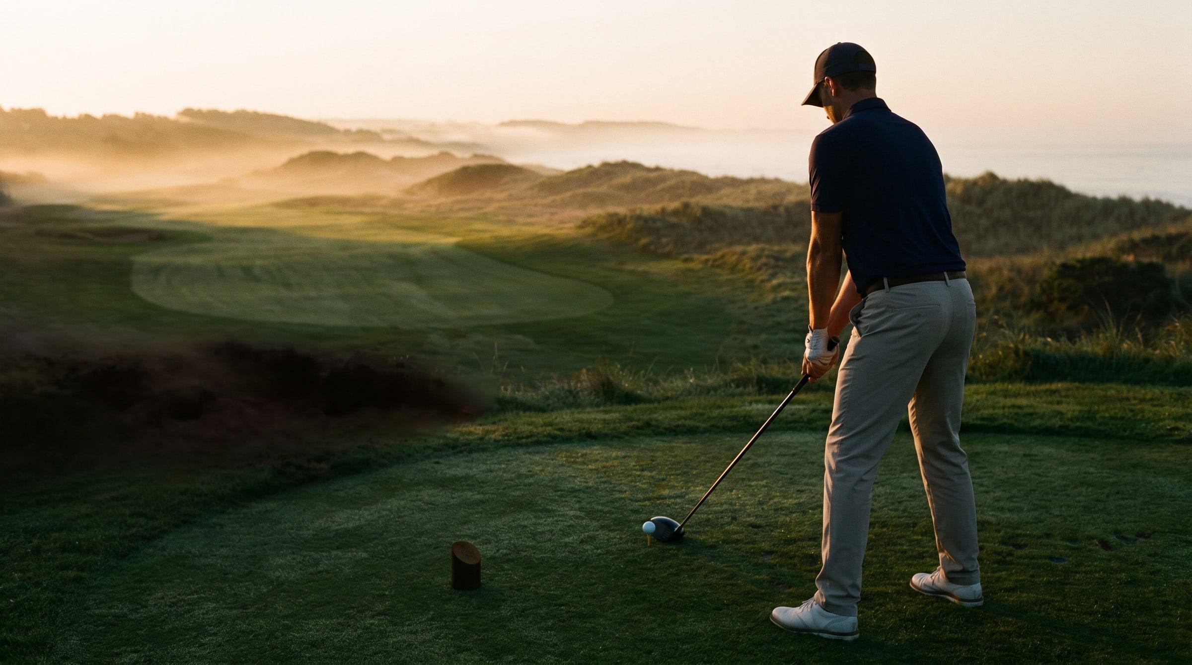 An anonymous competitor prepares a tee shot on a coastal golf course at sunrise