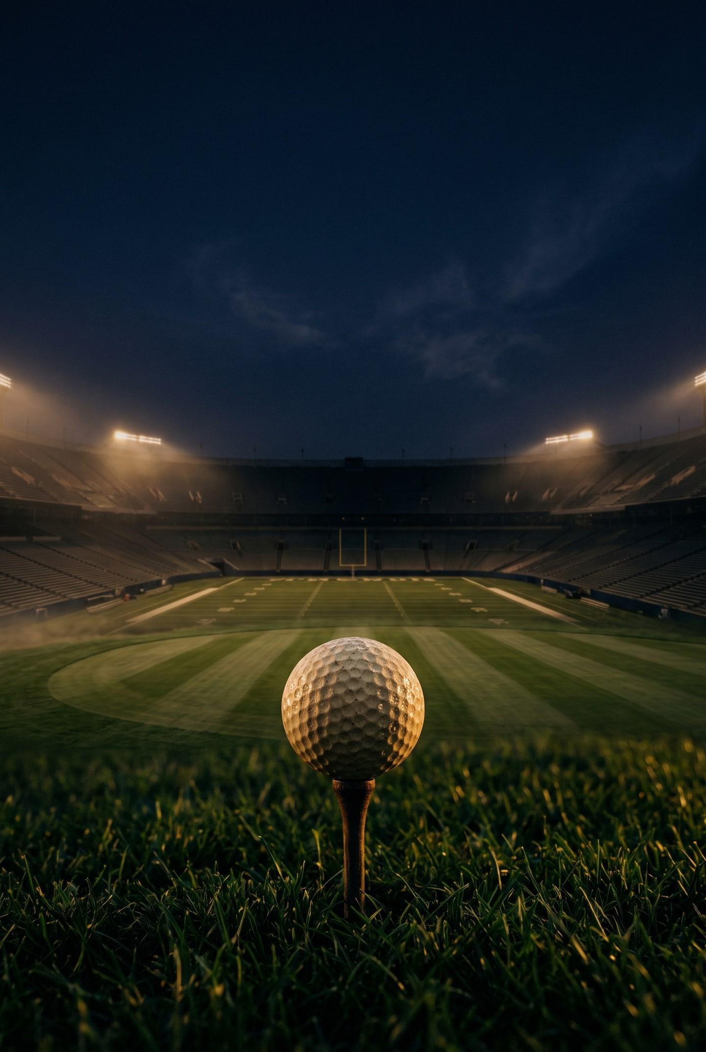 A dew-covered golf ball rises above a fairway leading into an empty stadium, original Fairway to Redemption concept art