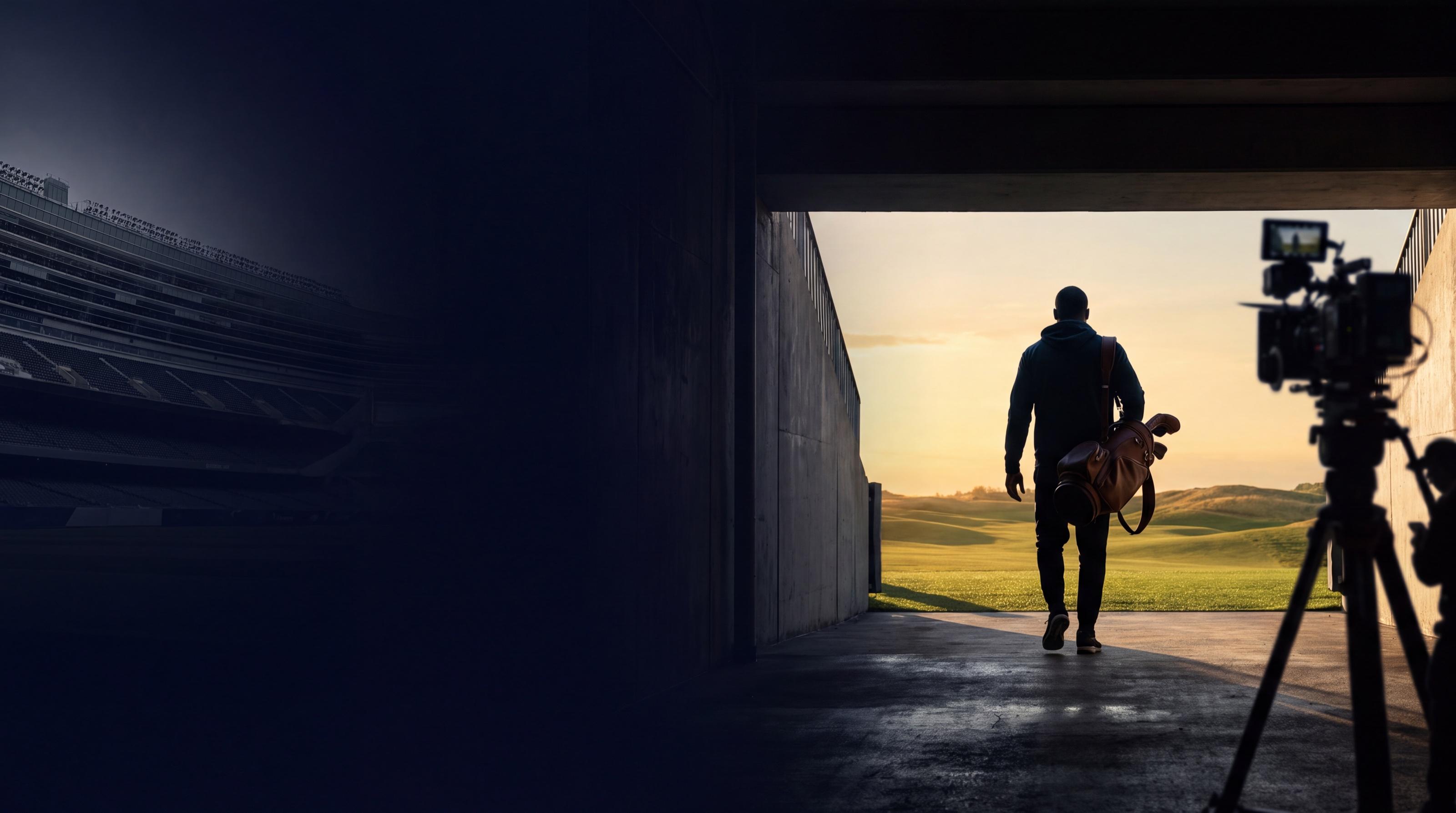 An athlete leaves a stadium tunnel for a sunlit golf course while a cinema camera records the next chapter