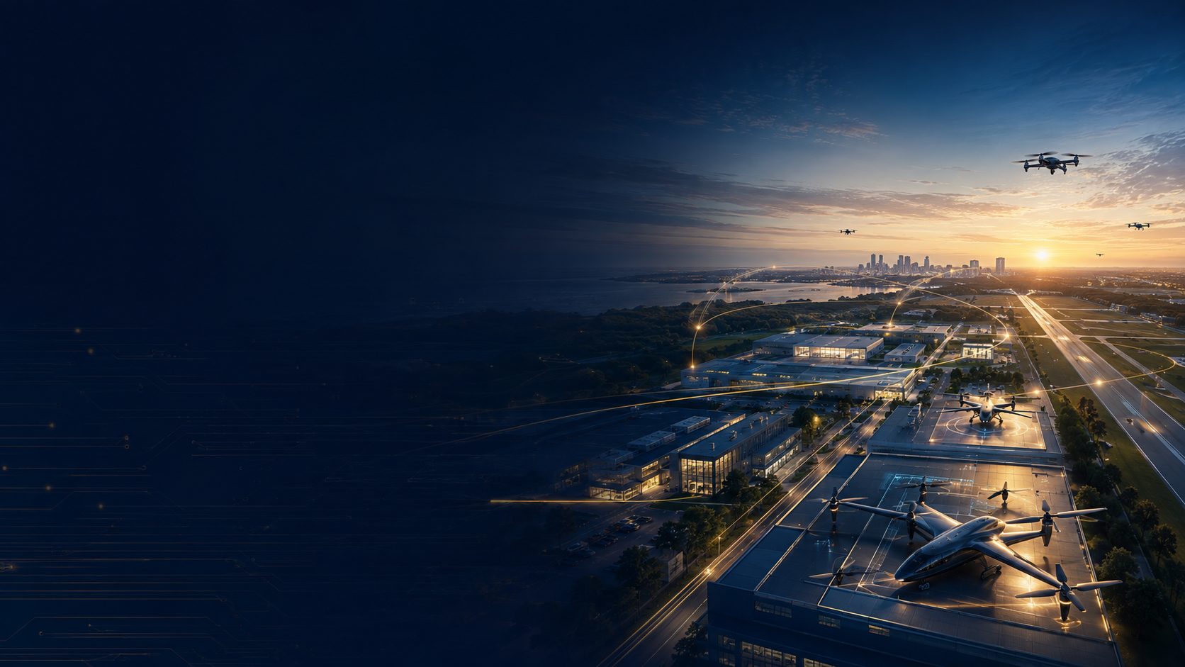 Conceptual aviation and innovation campus at sunset