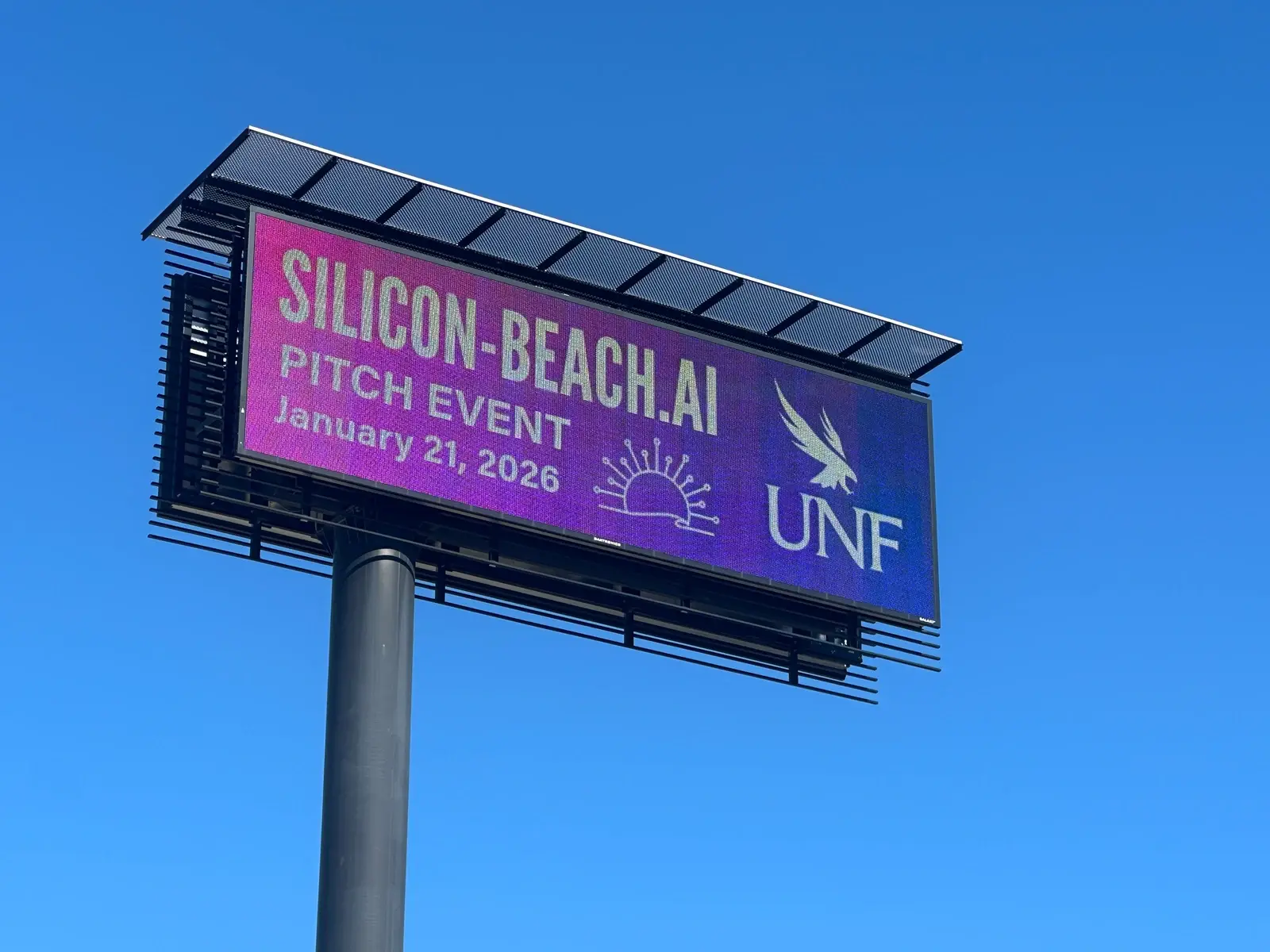 Billboard announcing the January 21 Silicon Beach pitch event at UNF